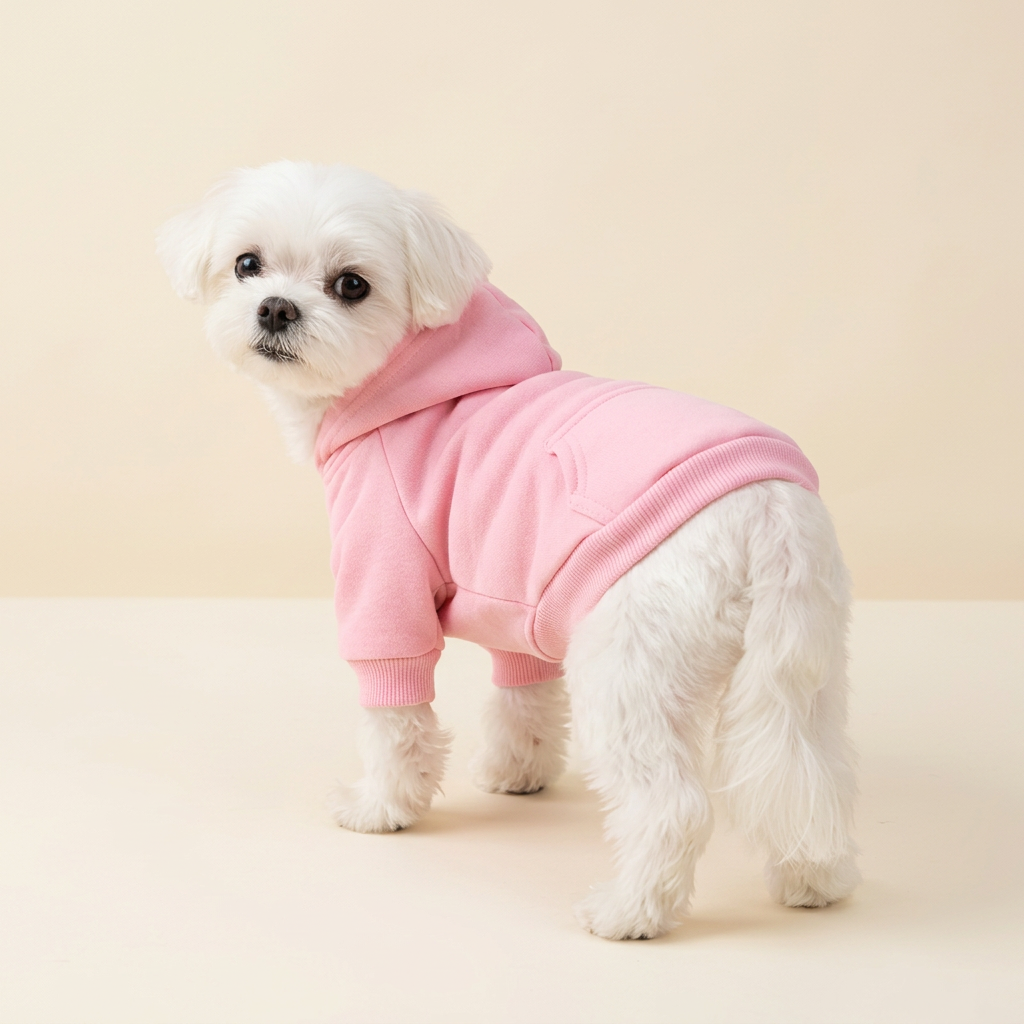 AI-generated Maltese wearing the pink hoodie
