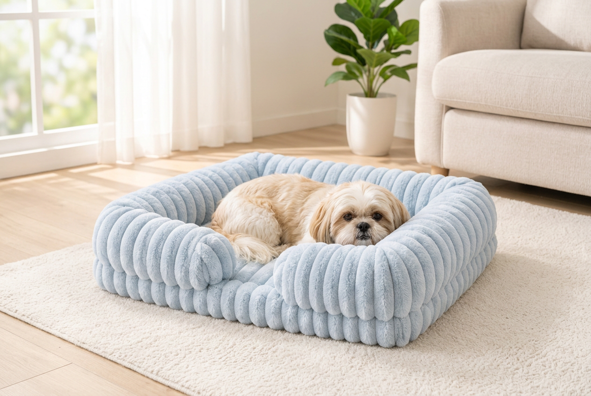 Small cream dog resting its head on the plain ribbed bolster of the light blue Cozy Comfort Dog Bed.