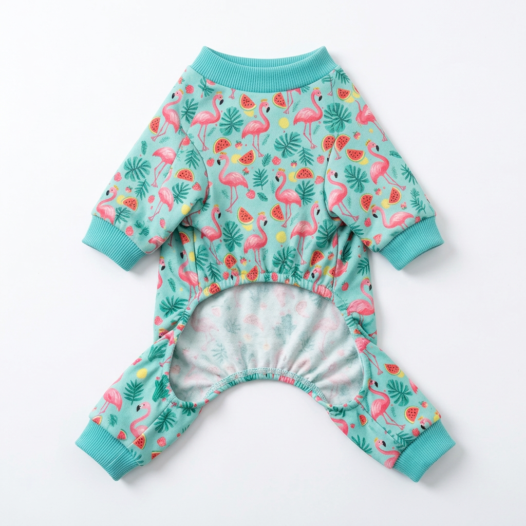 Cyan flamingo pet pajamas, AI-generated garment-only front view
