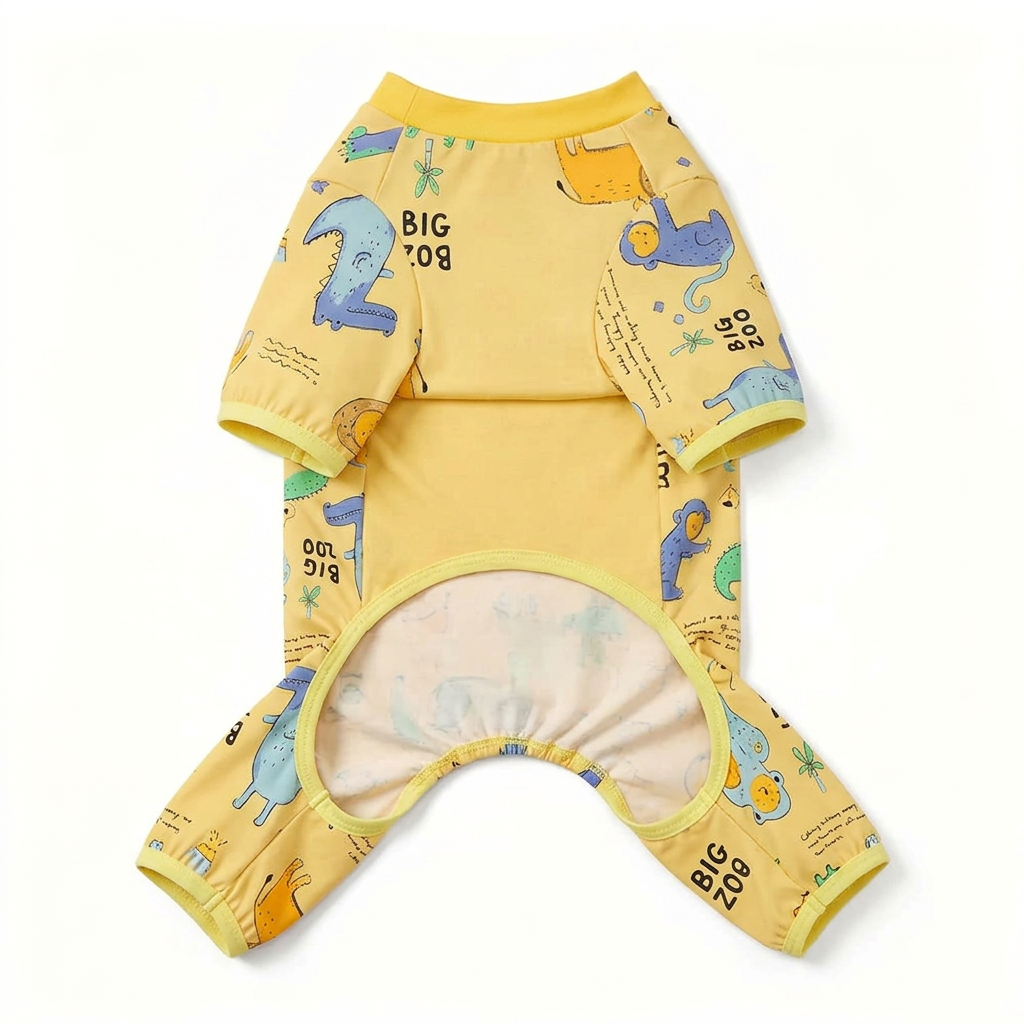 Yellow zoo-print pet pajamas, front view