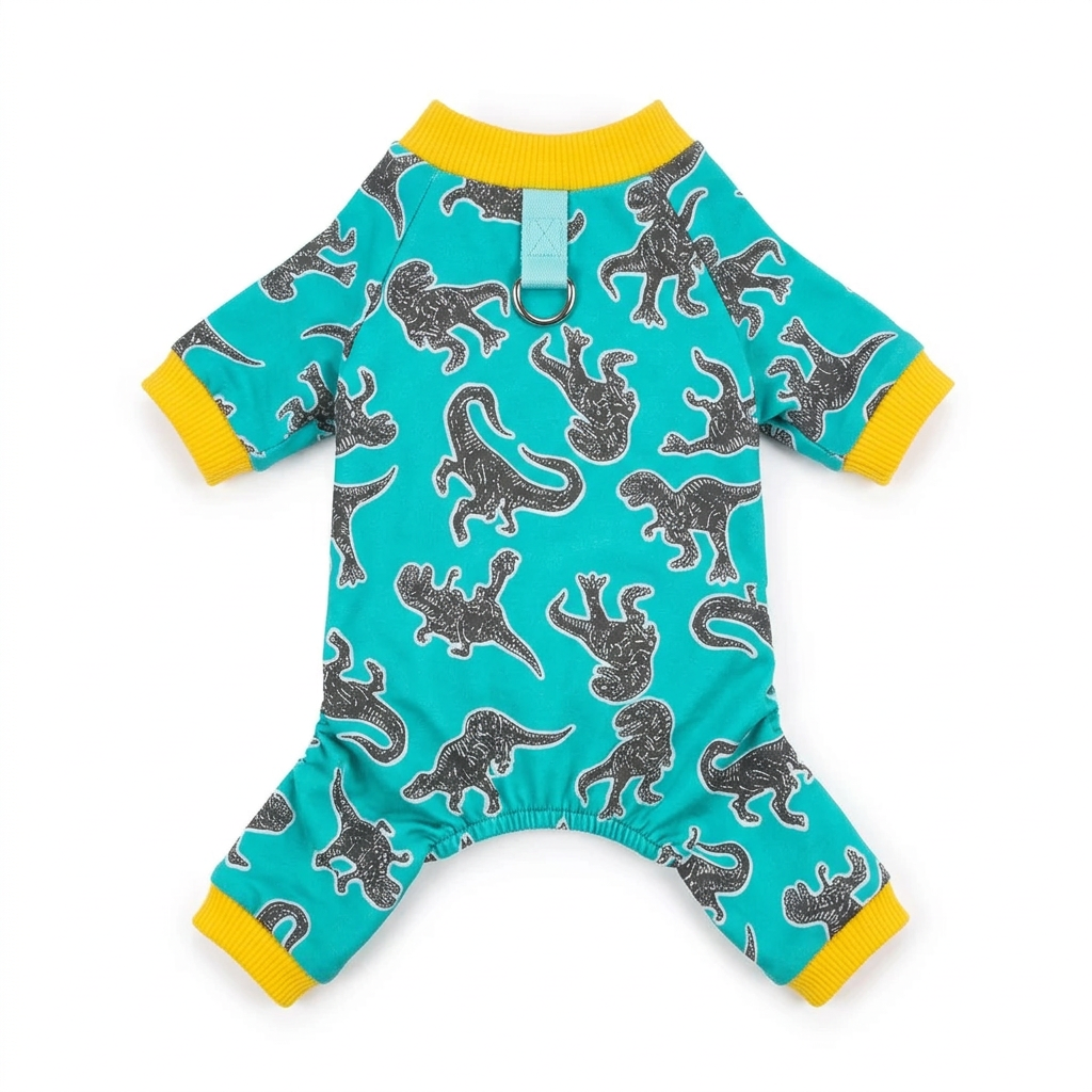 Green dinosaur print dog pajamas, back view