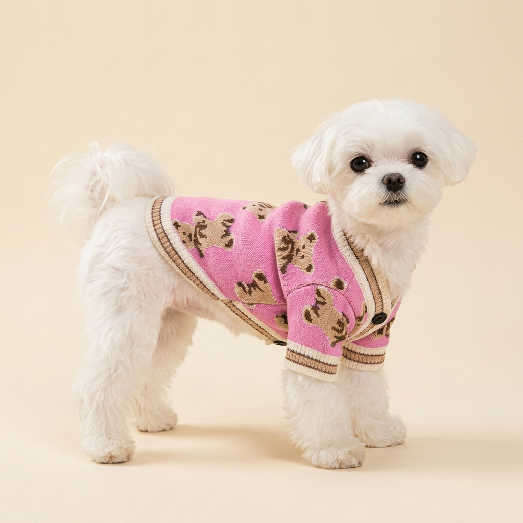 AI-generated Maltese wearing Pink Teddy Knit Cardigan