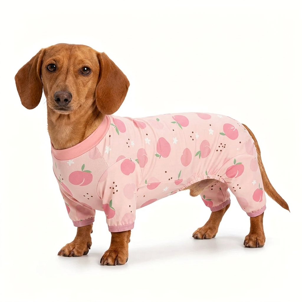 Dachshund wearing pink peach-print pet pajamas