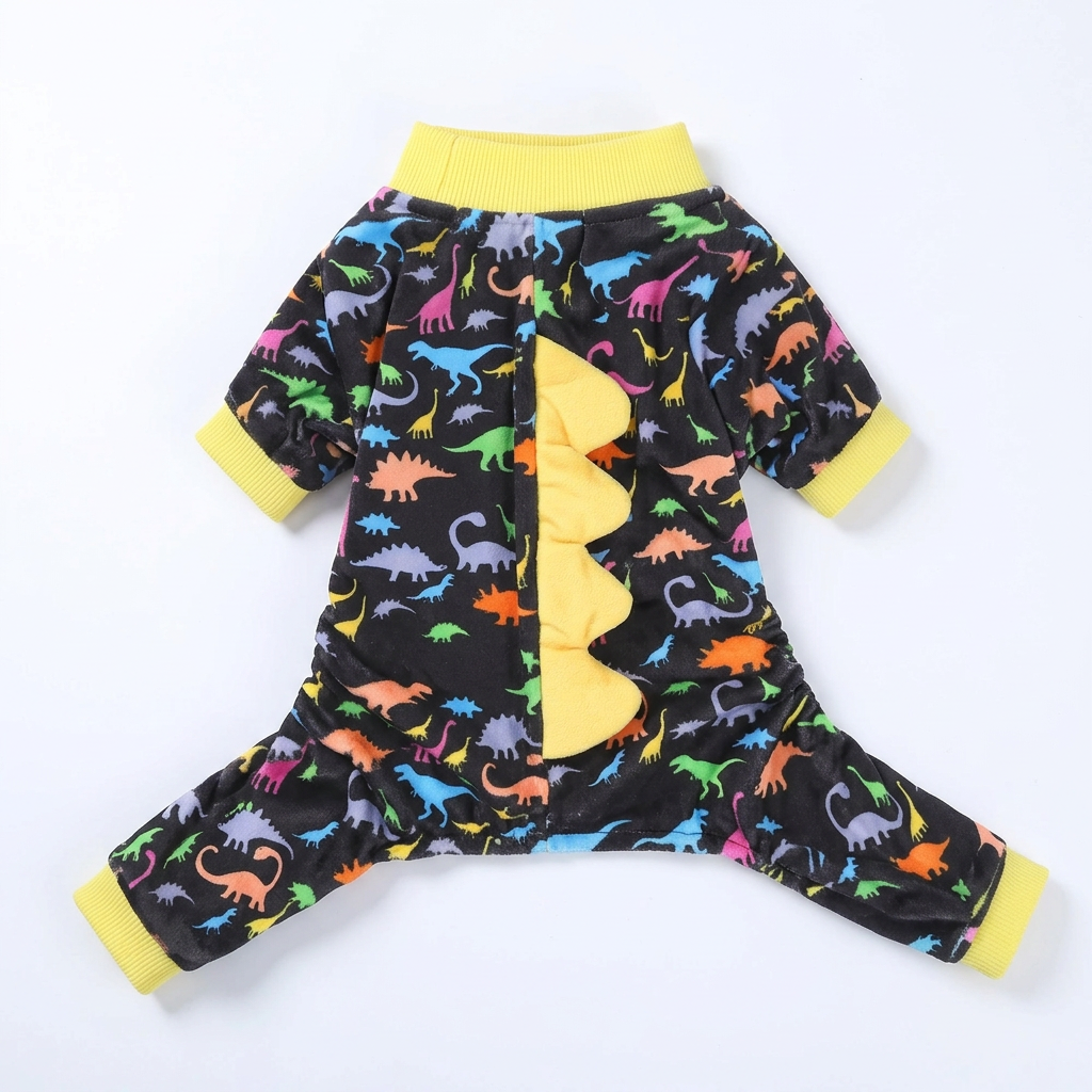 Black dinosaur spike dog pajamas with yellow spikes, back view
