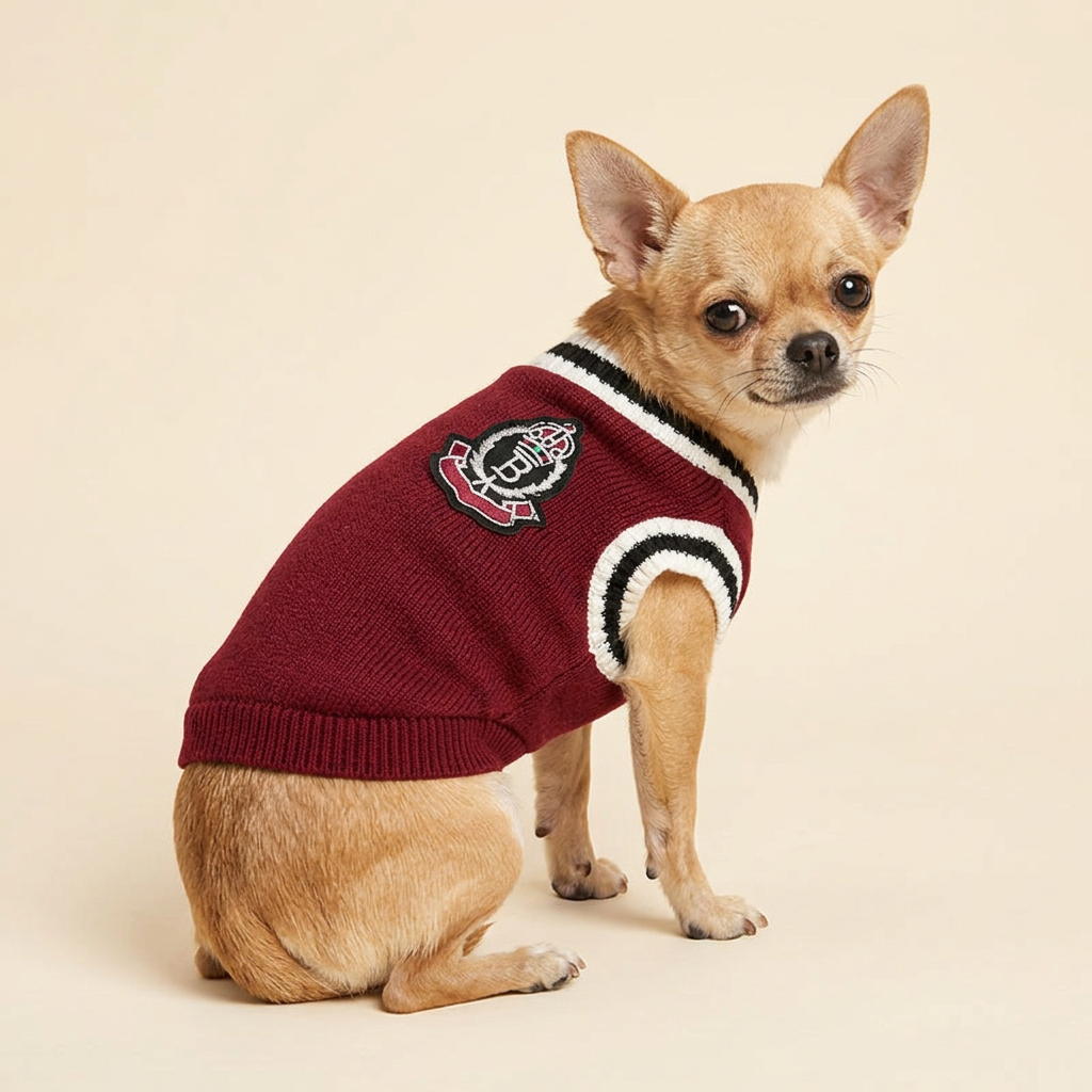 Chihuahua modeling the Red Preppy Pet Vest