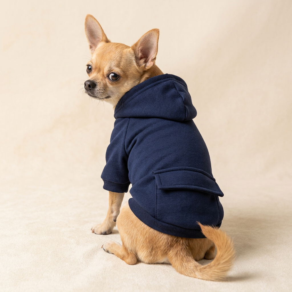 AI-generated Chihuahua wearing navy blue hoodie