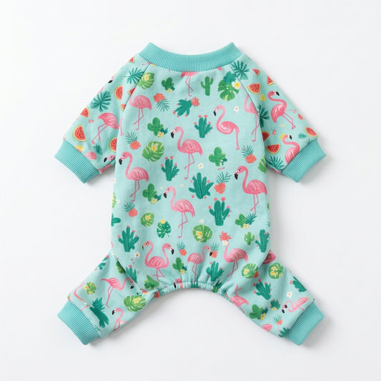 Cyan flamingo pet pajamas, AI-generated garment-only back view