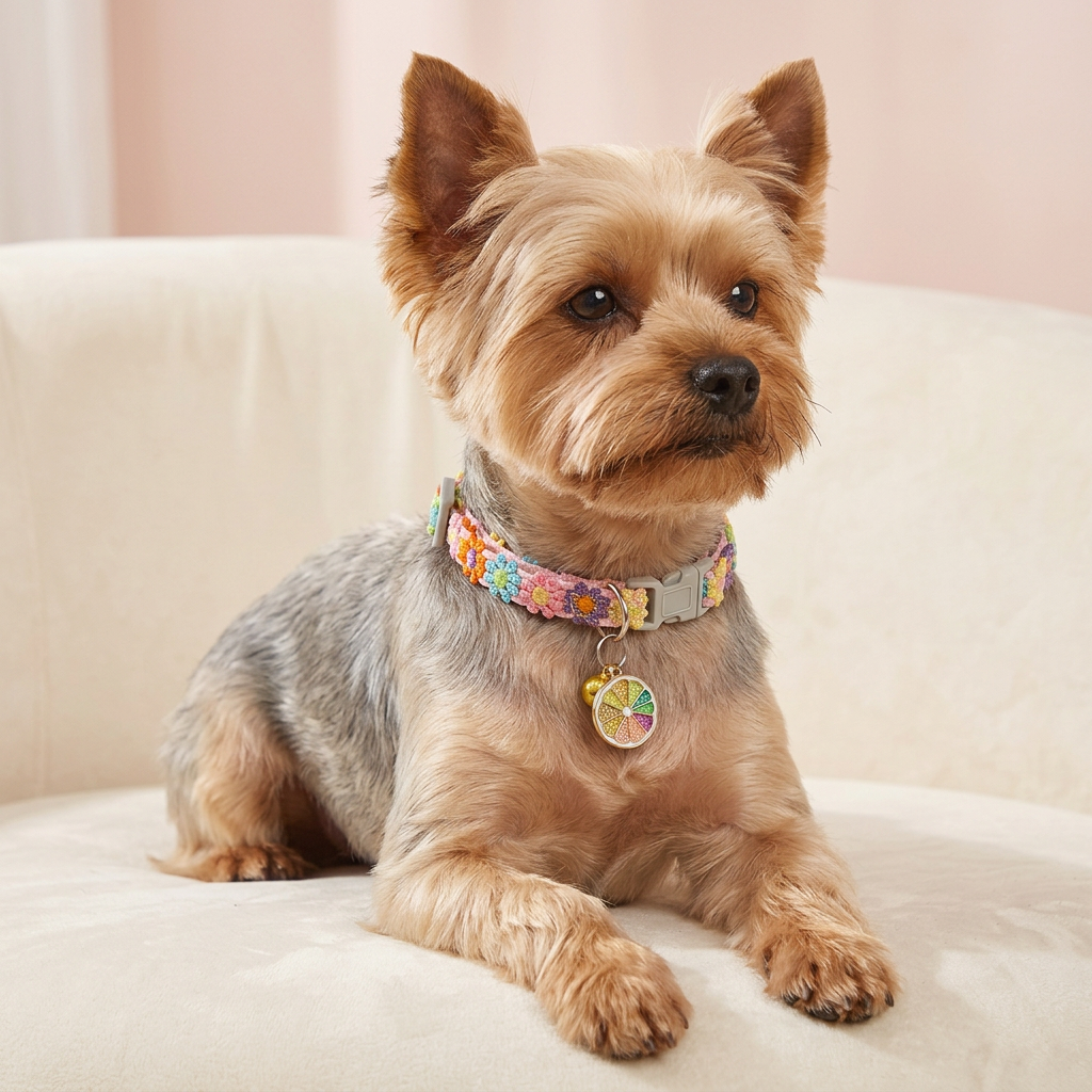 Yorkshire terrier wearing Blossom Orange Fruit Charm collar