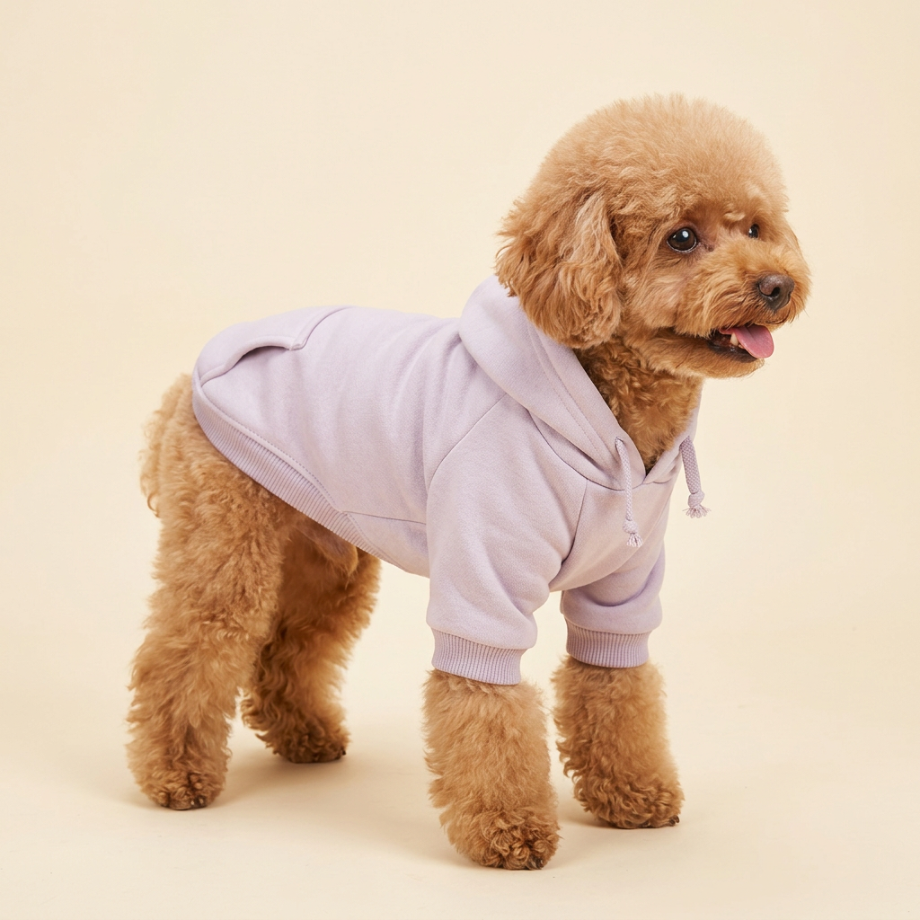 AI-generated poodle wearing purple hoodie