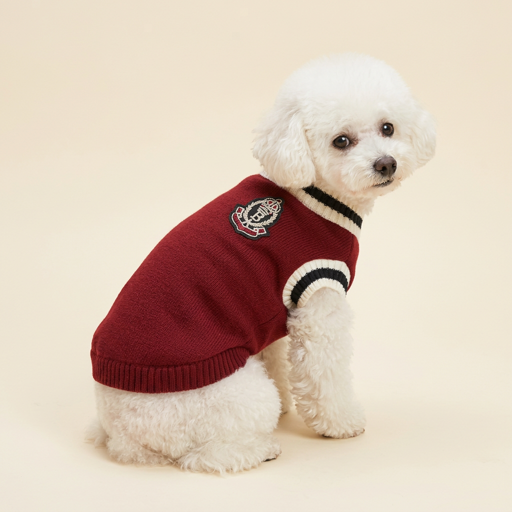 White toy poodle modeling the Red Preppy Pet Vest