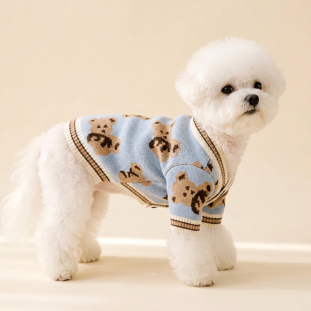 AI-generated Maltese wearing Blue Teddy Knit Cardigan