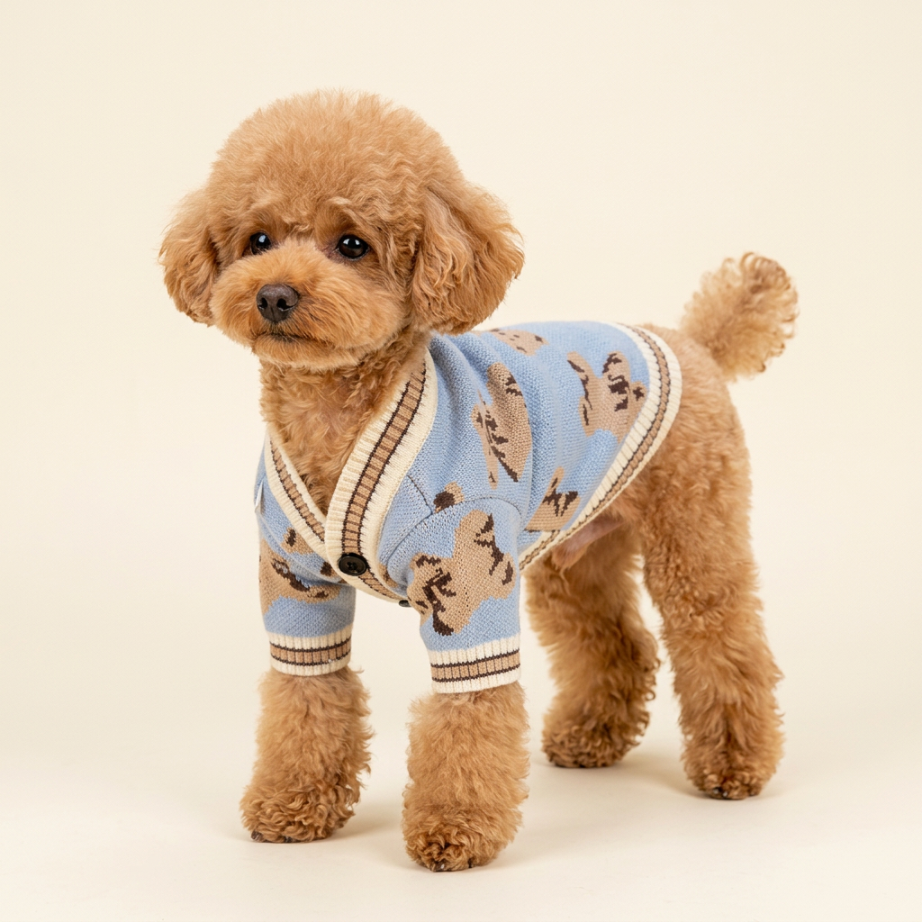 AI-generated toy poodle wearing Blue Teddy Knit Cardigan