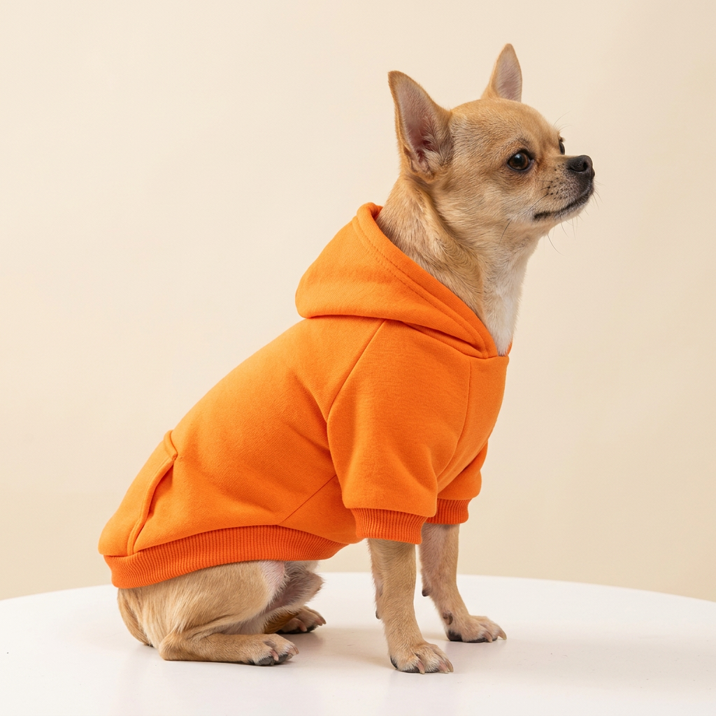 AI-generated Chihuahua wearing orange hoodie