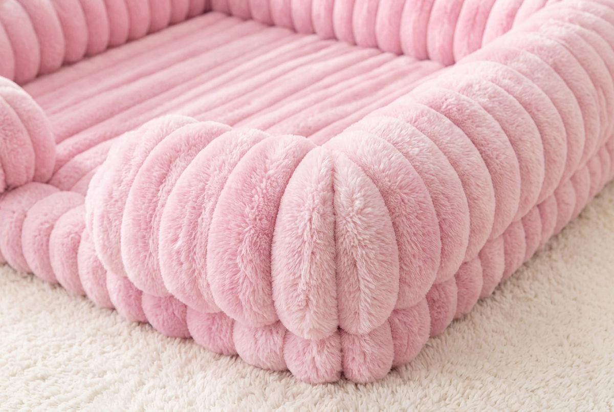 Close-up of the pink Cozy Comfort Dog Bed showing plain ribbed plush fabric and rounded bolster.