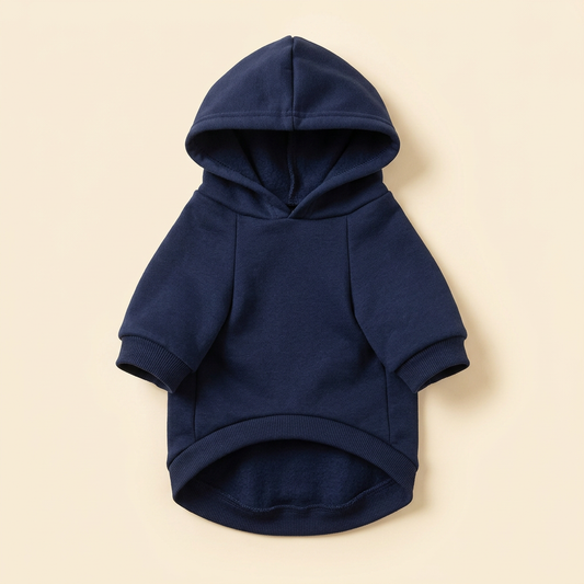 AI-generated navy blue dog hoodie front view