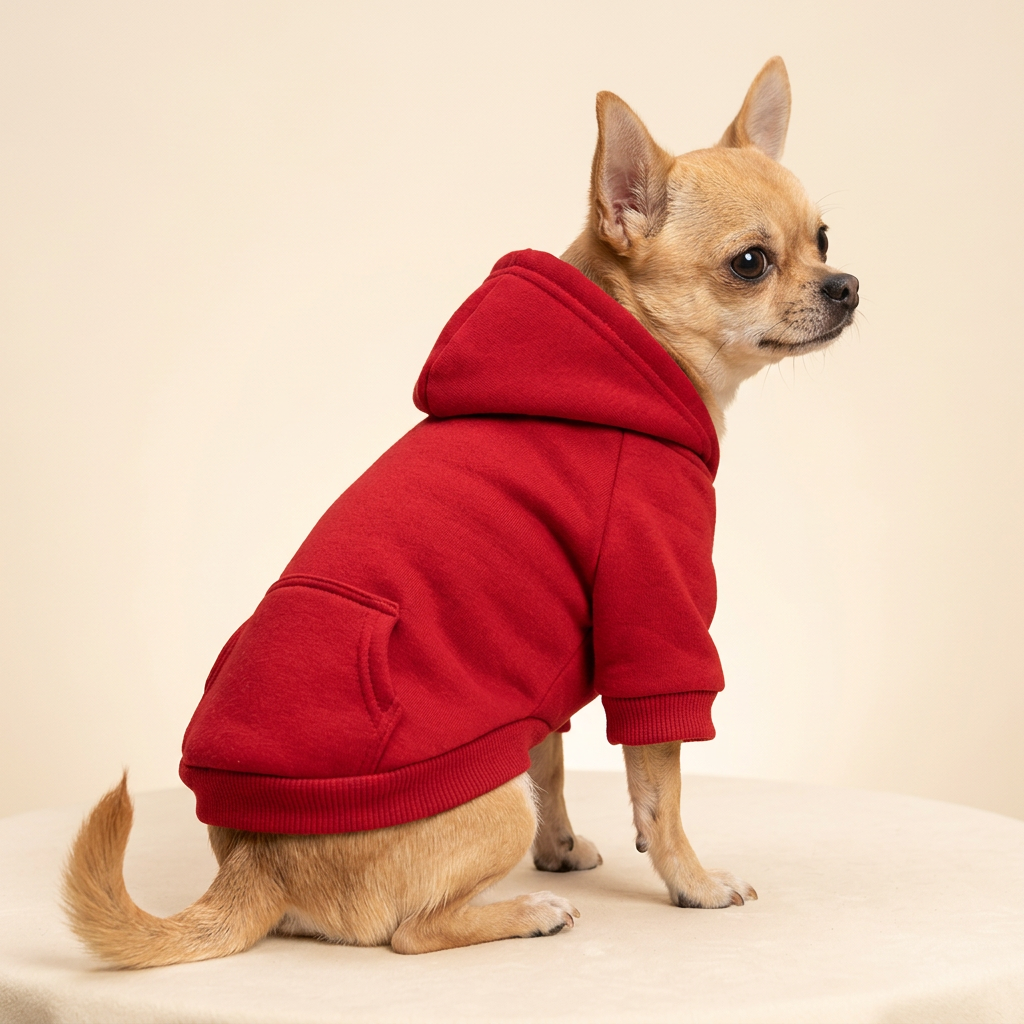 AI-generated Chihuahua wearing the red hoodie