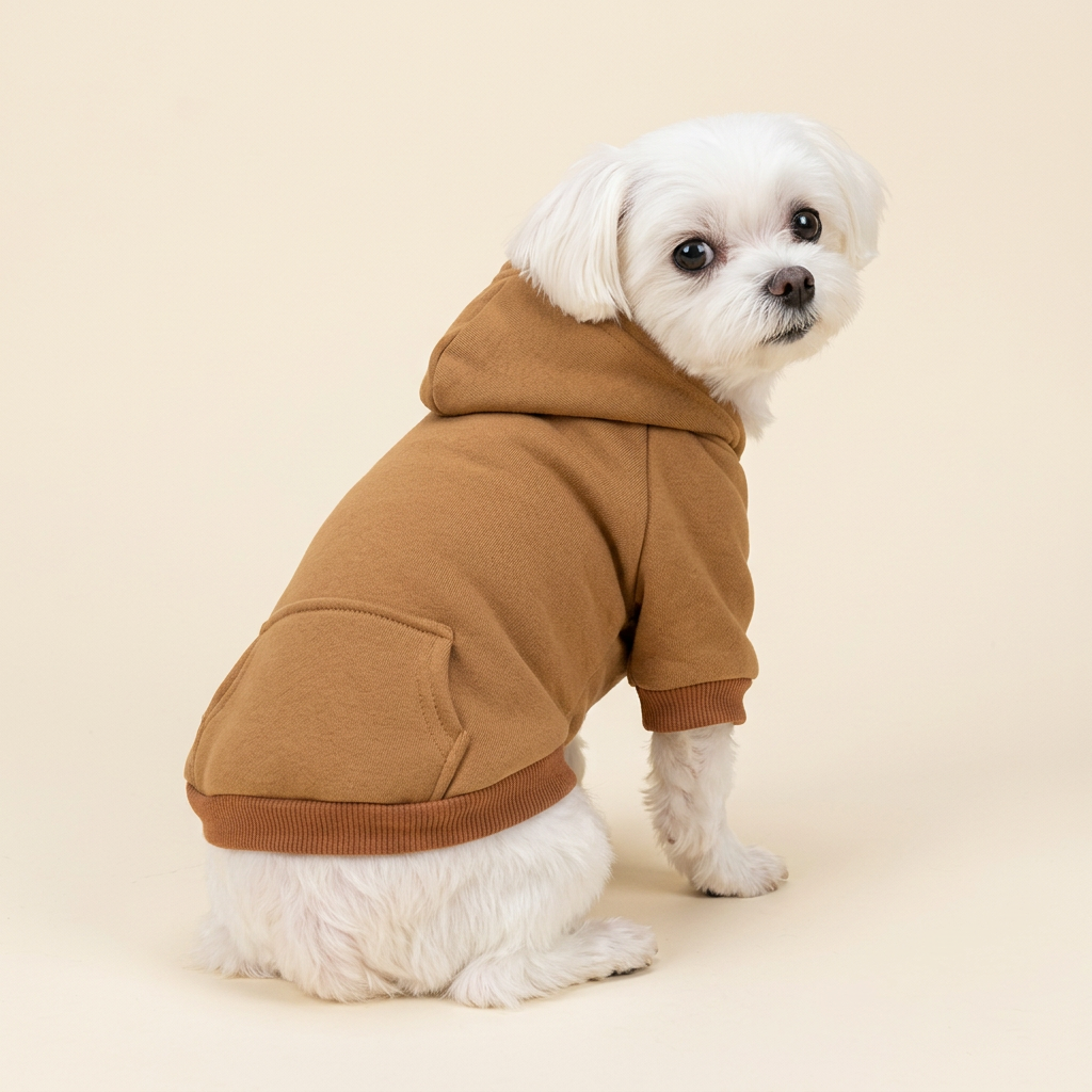 AI-generated Maltese wearing brown hoodie