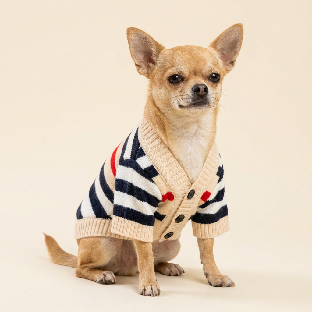AI-generated Chihuahua wearing Beige striped cardigan