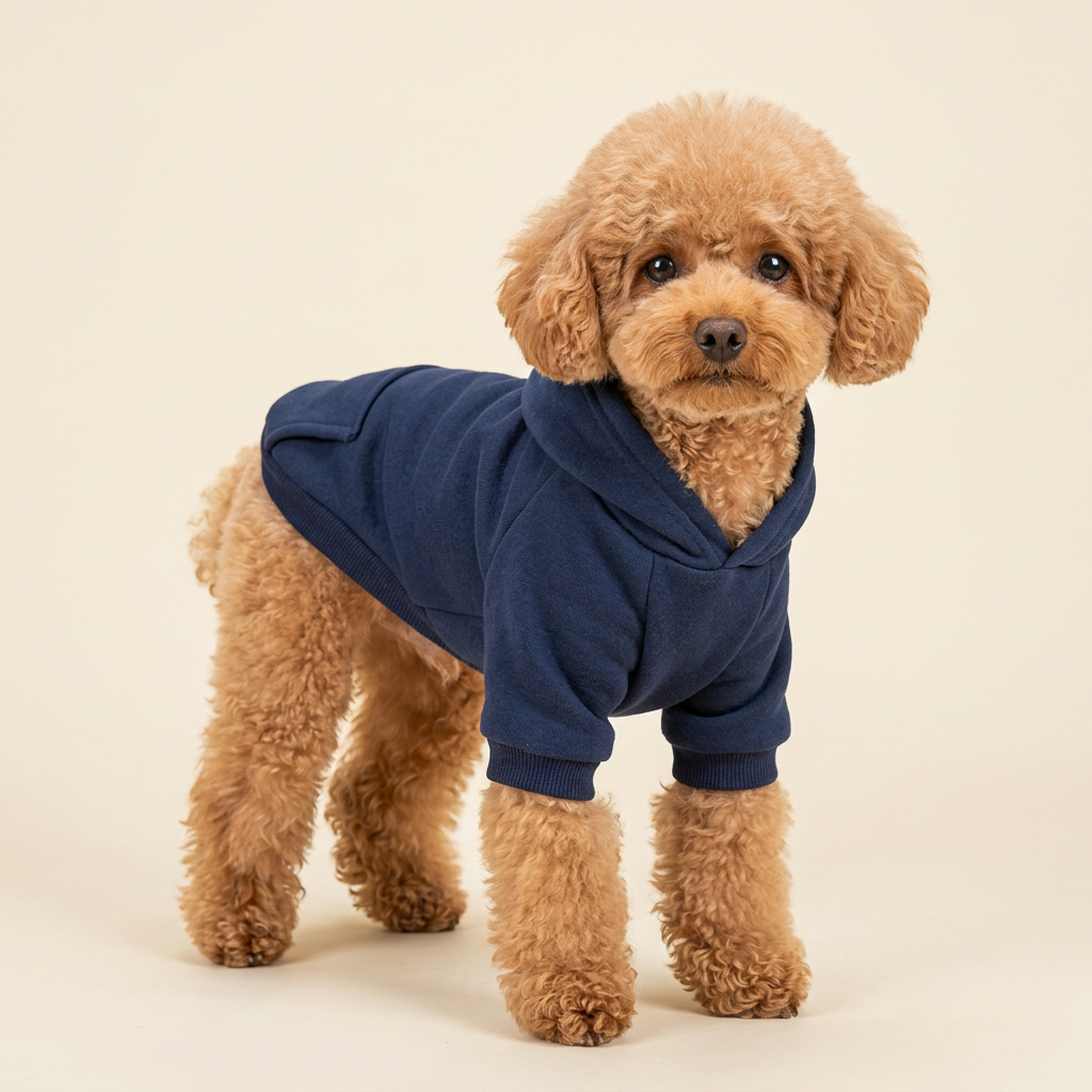 AI-generated poodle wearing navy blue hoodie