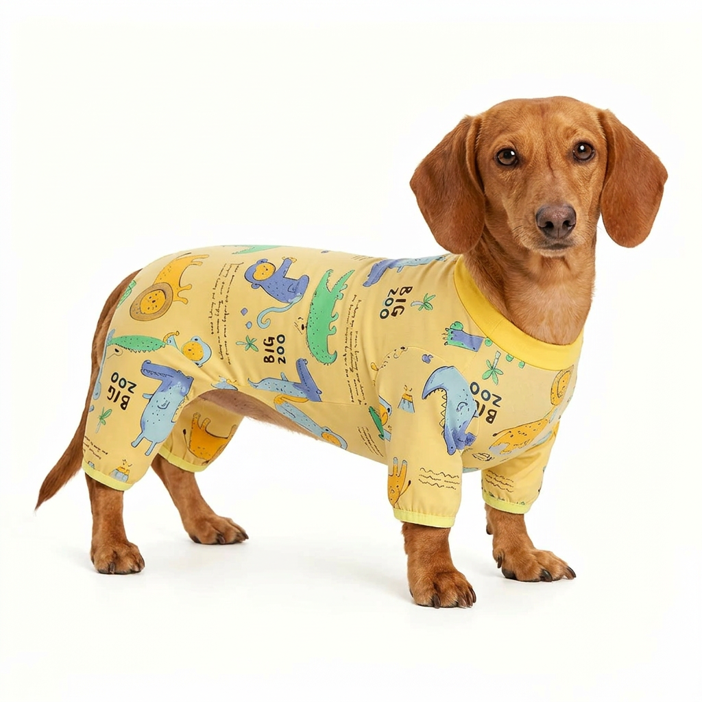 Dachshund wearing yellow zoo-print pet pajamas