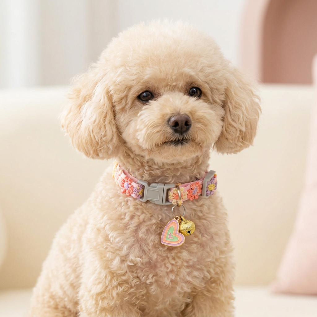 Cream toy poodle wearing the Blossom floral collar with Heart Charm
