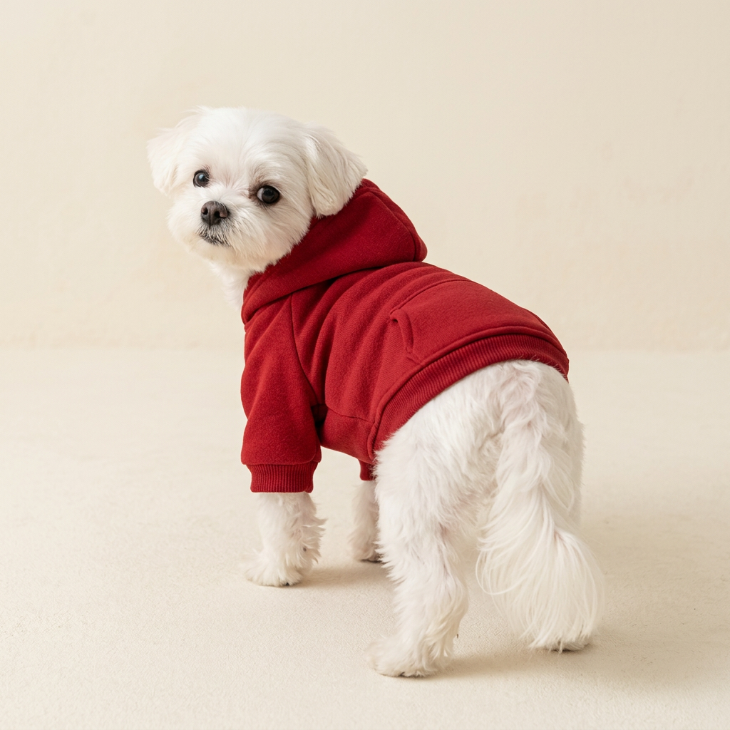AI-generated Maltese wearing the red hoodie