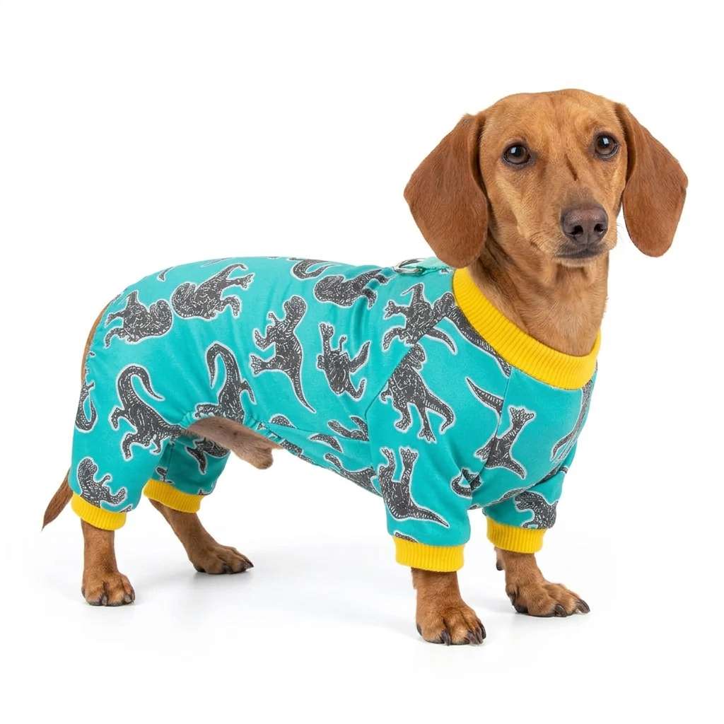 Dachshund wearing green dinosaur print dog pajamas