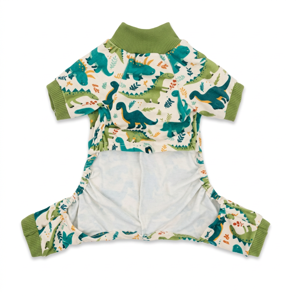 Green dinosaur spike dog pajamas, front view with wide belly opening