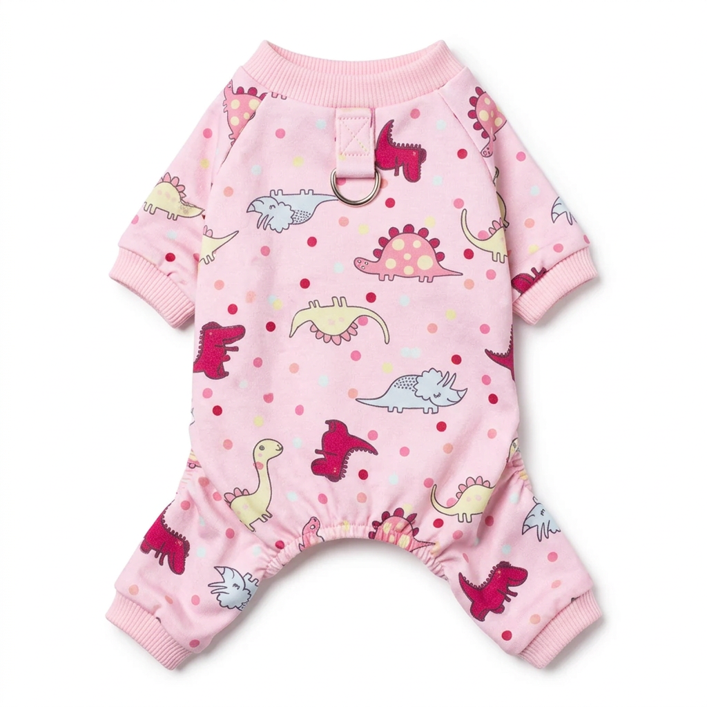 Pink dinosaur print dog pajamas, back view