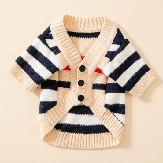 AI-generated front view of Beige striped knit cardigan