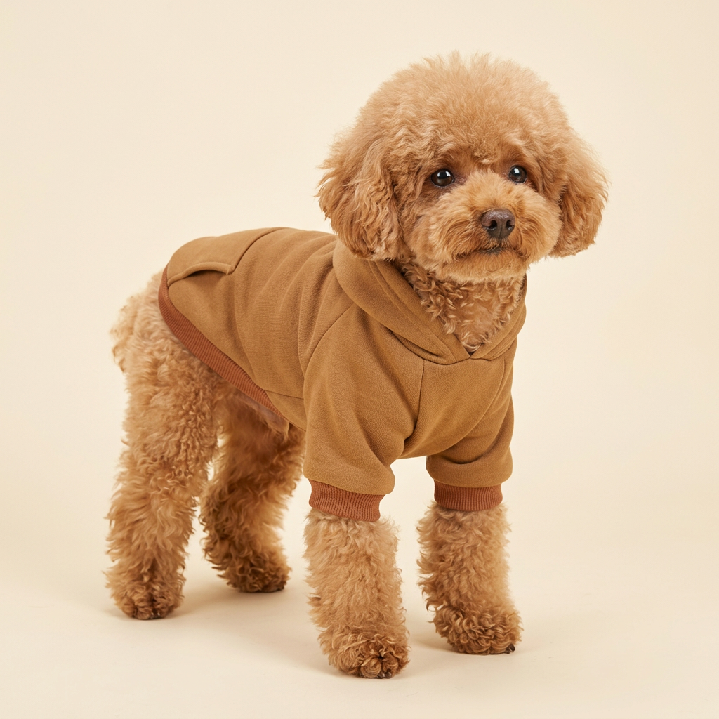 AI-generated poodle wearing brown hoodie