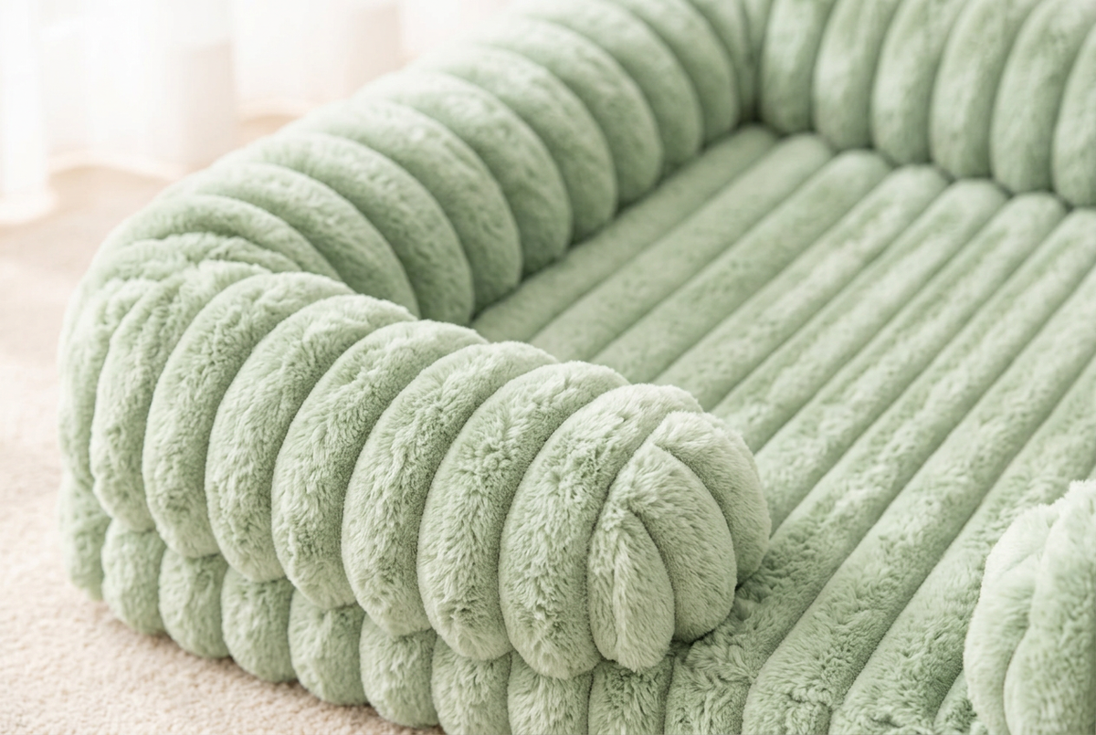 Close-up of the green Cozy Comfort Dog Bed showing plain ribbed plush fabric and rounded bolster.