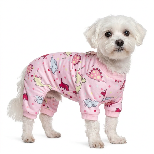 Maltese wearing pink dinosaur print dog pajamas