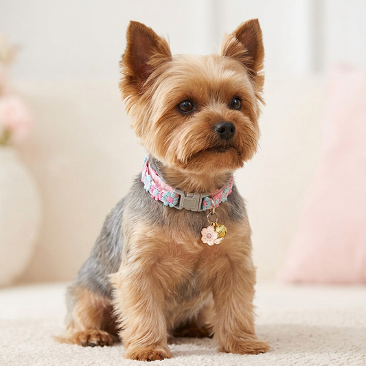 Yorkshire terrier wearing the Blossom Flower Charm collar