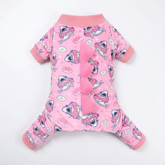 Pink dinosaur spike dog pajamas, back view