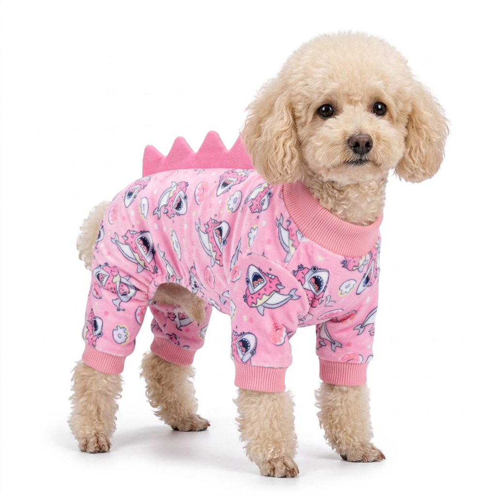 Toy poodle wearing pink dinosaur spike dog pajamas