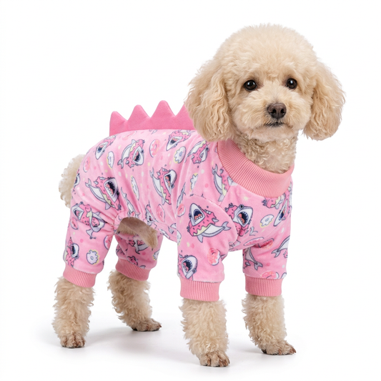 Toy poodle wearing pink dinosaur spike dog pajamas