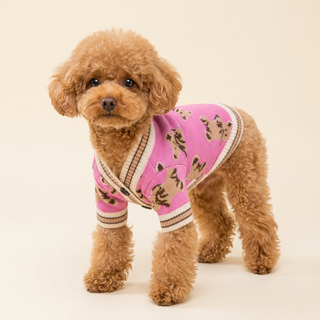AI-generated toy poodle wearing Pink Teddy Knit Cardigan