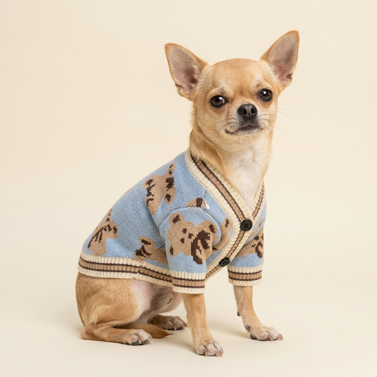 AI-generated Chihuahua wearing Blue Teddy Knit Cardigan