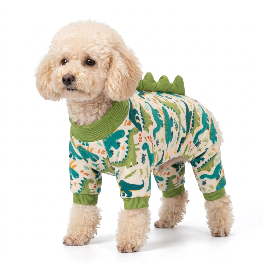Toy poodle wearing green dinosaur spike dog pajamas