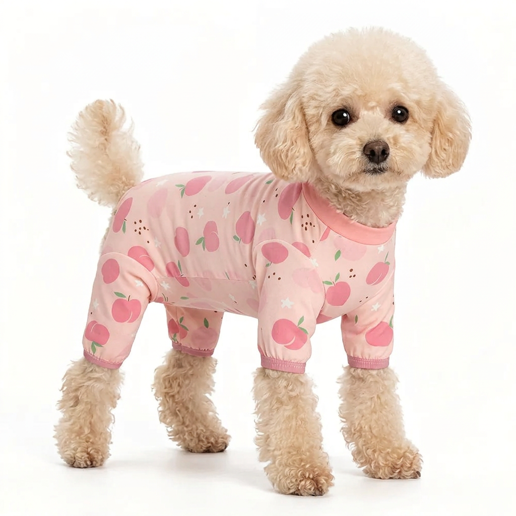 Toy poodle wearing pink peach-print pet pajamas