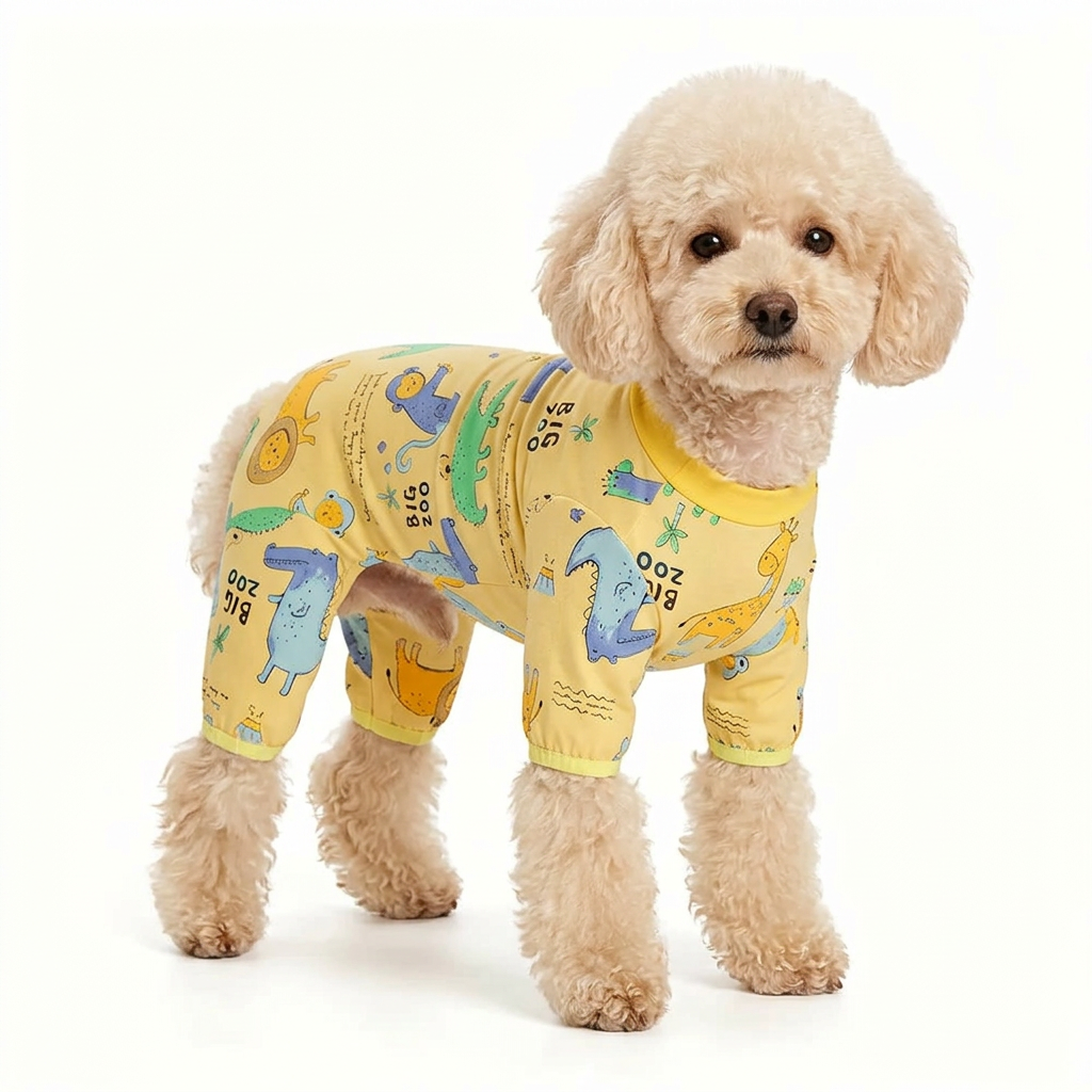 Toy poodle wearing yellow zoo-print pet pajamas