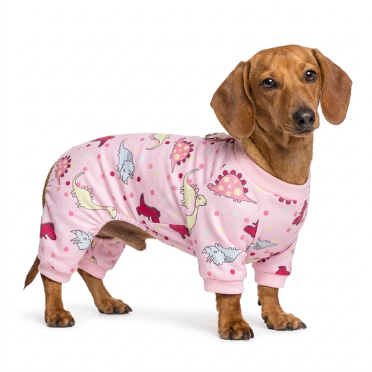 Dachshund wearing pink dinosaur print dog pajamas