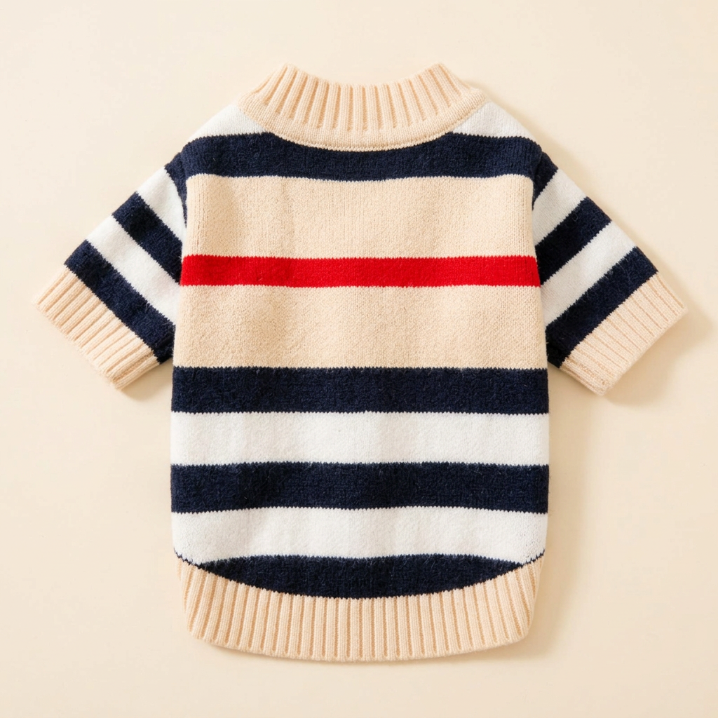 AI-generated back view of Beige striped knit cardigan