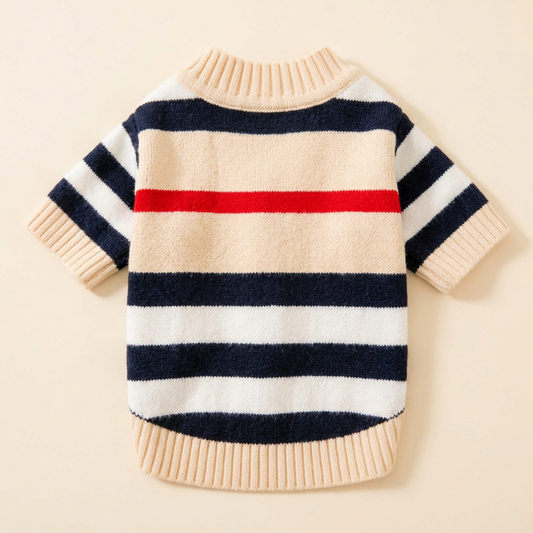AI-generated back view of Beige striped knit cardigan