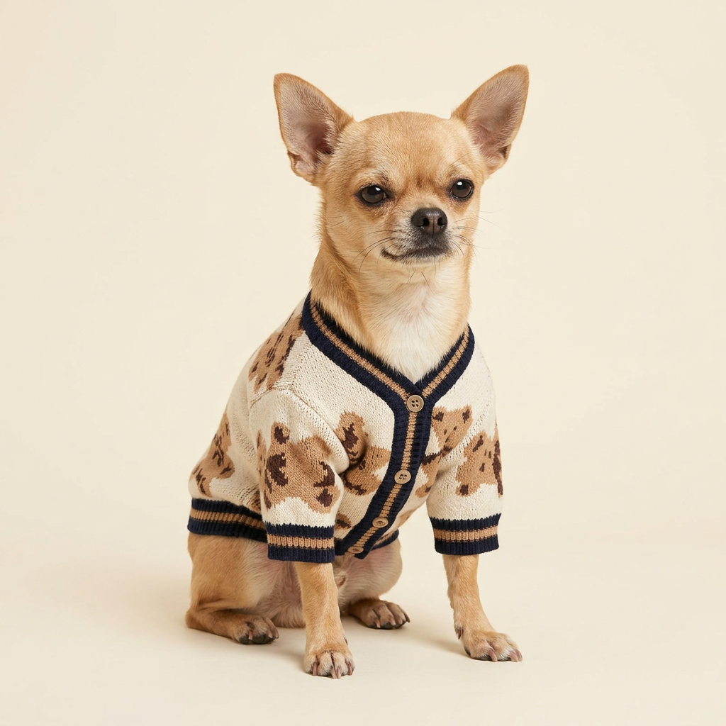 AI-generated Chihuahua wearing Beige Brown Teddy Knit Cardigan