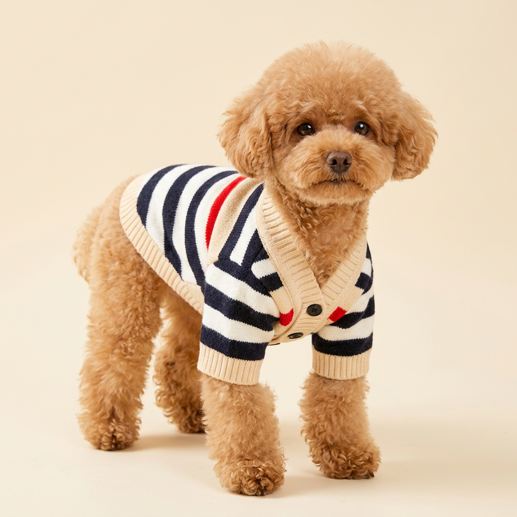 AI-generated toy poodle wearing Beige striped cardigan