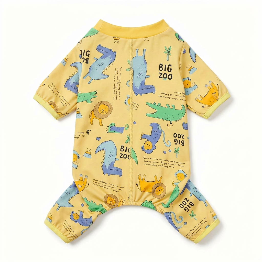 Yellow zoo-print pet pajamas, back view