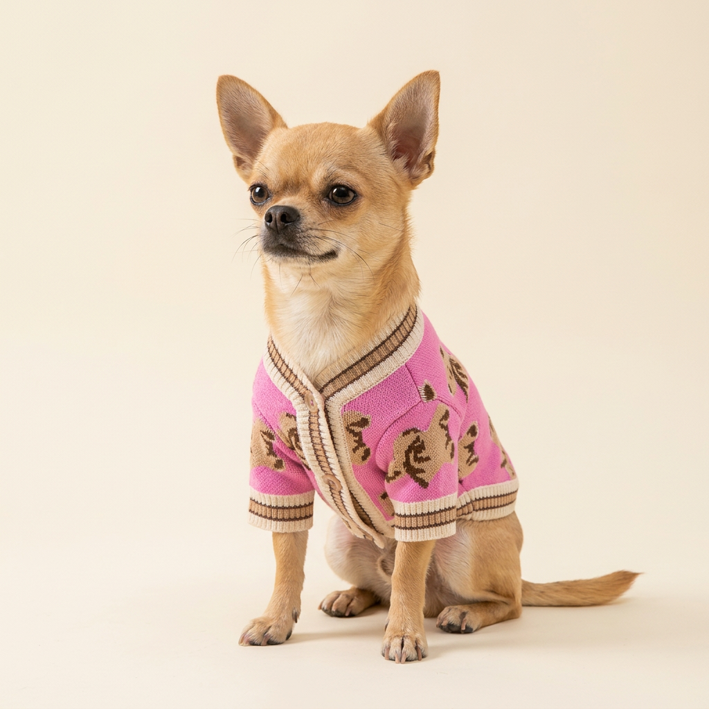 AI-generated Chihuahua wearing Pink Teddy Knit Cardigan