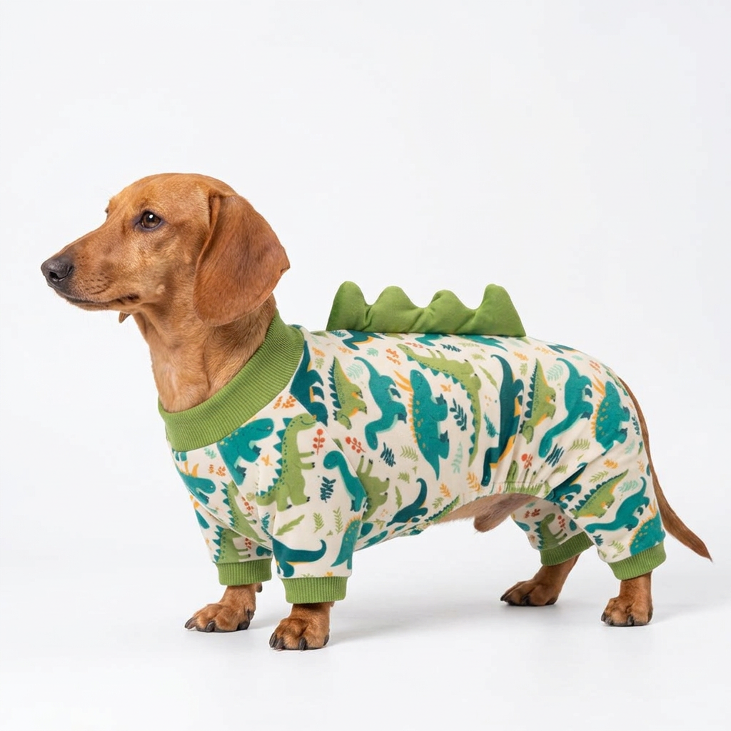 Dachshund wearing green dinosaur spike dog pajamas